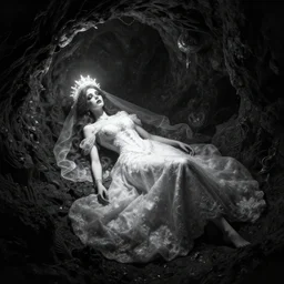 a dead girl dressed as a bride lying in a dark cave bridal crown. radiant light, detailed and intricate environment, digital art, trending on art station kvlt by peder balke by peder balke by greg rutkowski, by guido crepax by norman bluhm by greg rutkowski mystic high contrast monochromatic noir