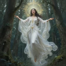 goddess descending over a forest, fantasy, magical, high quality, spiritual, intricate, elegant, highly detailed, digital painting, trending on artstation, by ruan jia and wlop