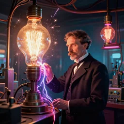 nikolai tesla in his lab, electrical arcs, magical sparks, large glowing light bulbs, neon glow, highly detailed, digital art, intricate, dramatic lighting, retro futuristic, neon colors, cinematic, art by norman rockwell, greg rutkowski, james gurney, giger