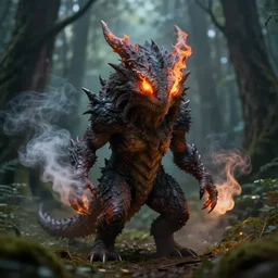 realistic smoke creature with fire eyes in fantasy forest, character, sharp focus, 4 k, high detail, artstation