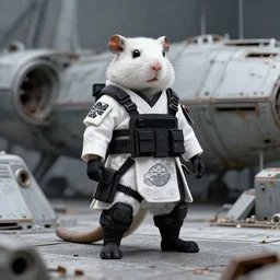 rodent with white and black ancestral ornate japanese tactical gear standing on an abandoned spaceship, long shot, rule of thirds, golden ratio, by beaststars and orange, peter elson, alan bean, studio ghibli, makoto shinkai
