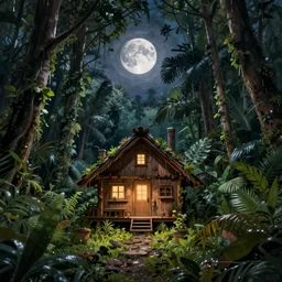 a very tiny!! rustic wooden house with the light on, in the center of rainforest, waning moon night, highly detailed, digital painting, trending on artstation, concept art, smooth, sharp focus, illustration, art by greg rutkowski
