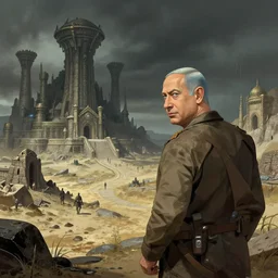 benjamin netanyahu as an explorer, exploring a deserted fallen kingdom, dark fantasy, sci - fi, by moebius and gediminas pranckevicius and greg rutkowsk