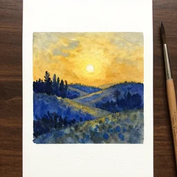 small centered on watercolor paper, paint brush strokes, abstract watercolor painting of golden night over blueberry hills, cinematic light, american romanticism by hans dahl, by jesper ejsing, by anders zorn, by greg rutkowski, by greg manchess, by tyler edlin