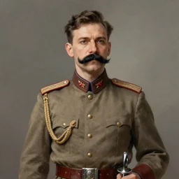 portrait photo of russian revolutionary commander in military clothes wearing papaq with black moustache and saber, handsome, highly detailed, digital painting, artstation, concept art, smooth, sharp focus, illustration, art by gaston bussiere and alphonse mucha