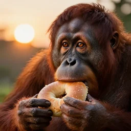 close up of an orangutan eating a bagel watching the sun rise, the sun's reflection is visible in the orangutan's eyes, hyperdetailed