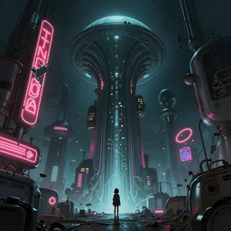 beautiful low angle painting of an alien world with sleek architecture in the style of junji ito, steampunk, ultra detailed, broken neon signs, a tiny girl watching on, elegant, artstation, dramatic lighting, glowing light and shadows, trending on artstation, octane render