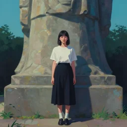 a painting of a real woman standing in front of a huge stone statue, a screenshot by stanley twardowicz, cgsociety, aestheticism, aesthetic, vaporwave, anime aesthetic