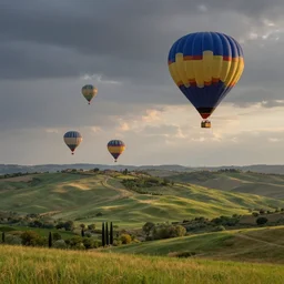 a beautiful landscape painting, flying colorful hot air balloons, tuscany hills, by sam guay, moody lighting, hyperrealism, 4 k, octane render