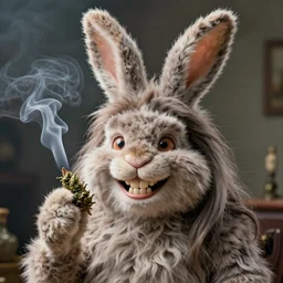 hyper realistic, portrait of a derpy big chungus, with bunny rabbit ears, very fuzzy, furry, dr. seuss, long hair, smoking weed, big smile, buck teeth, soft lighting, by greg rutkowski, scott m fischer, artgerm, loish, slight glow, atmospheric, anne stokes, alexandros pyromallis, 4 k, 8 k
