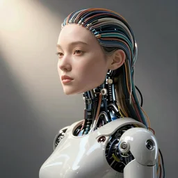 a robot woman made of wires and cables