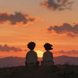 a silhoutte of 2 boys sitting on a hill seeing a sunset by hayao miyazaki, orange skies, cloudy, detailed, illustration, anime, digital art, dreamy, vivid, colorful, ambient