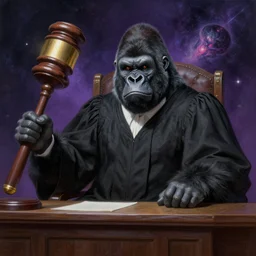 a gorilla that is a judge, dressed as a judge's robes, seated in court, holding a huge gavel, cosmic horror painting, elegant intricate digital painting artstation concept art by mark brooks and brad kunkle detailed