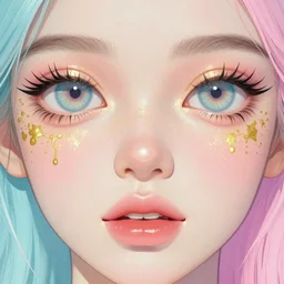 “Detailed maximalist portrait with large lips and large eyes. 8x HD mixed media, 3D collage, highly detailed and intricate illustration in vibrant pastel tones. colourful matte background, golden ratio”