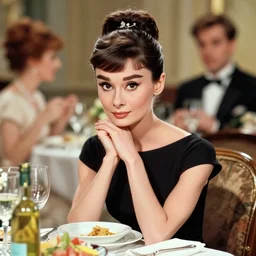 photography of audrey hepburn in breakfast at tiffany's, deep focus,, intricate, elegant, highly detailed, digital painting, artstation, concept art, matte, sharp focus, illustration, art by artgerm and greg rutkowski and alphonse mucha