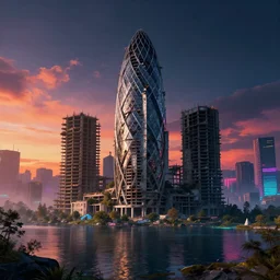 a beautiful photorealistic render of unfinished building stronghold abandoned nature city architecture urbex building by norman foster, magic realism cyberpunk sunset synthwave tron thermal vision retrowave landscape darkacademia liberty city tundra nightsky dramatic lighting water lake vaporwave, archdaily, wallpaper, highly detailed, trending on artstation.