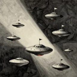 a fleet of ufos flying mysterious flags, high angle, stylized, sparse detail, by remedios varo, picasso and moebius