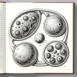 a biology textbook illustration of eukaryotic cells, surrealistic, black and white
