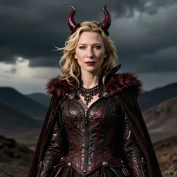 hypperrealistic photograph of cate blanchett as honred devil