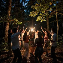a bunch of people throwing a party in the woods, night vision footage