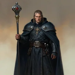 full character potrait of micheal rosen, holding a ceremonial staff, wearing a cloak, zdzislaw beksinski, lewis jones, dariusz zawadzki, wayne barlow, warhammer fantasy, cold hue's, warm tone gradient background, concept art, 4 k, ultra - high - definition