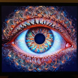 a detailed abstract photograph of an eye centered on a television screen, symmetry, mandelbulb fractal, 8 k, intricate lines, made of glass, vibrant, hyper realism, bold contrast