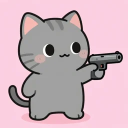 cute grey cat pointing pistol, japanese comic style, video game, pink background