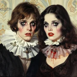 a pulp illustration of a man and a woman who are beautiful but creepy, wearing vivienne westwood collars in layers of fear, with haunted eyes and dark hair, 1 9 7 0 s, seventies, wallpaper, a little blood, morning light showing injuries, delicate embellishments, painterly, offset printing technique, by brom, robert henri, walter popp