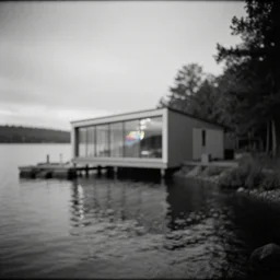 modern house on the lake, artwork by bill stoneham, mystic, melancholy, pinhole analogue photo quality, lomography, blur, unfocus, cinematic, foil effect, holographic effect, monochrome