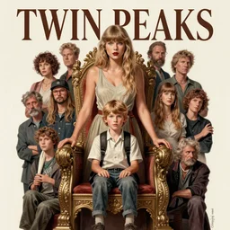 twin peaks movie poster art of evil taylor swift standing next to young boy sitting in throne, highly detailed, smooth, illustration, by artgerm, leyendecker, wlop, katherine lam, peter mohrbacher, michael whelan and tomer hanuka, godward, gustav moreau, saturno butto, boris vallejo