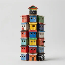 a tower made up of colourful makeshift squatter shacks, mamiya, f 1 1, fully frontal view, photographed by julie blackmon