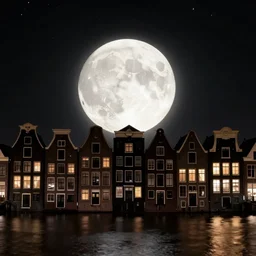 Dutch houses along a river, silhouette!!!, Circular white full moon, black sky with stars, lit windows, stars in the sky, b&w!, Reflections on the river, a man is punting, flat!!, Front profile!!!!, street lanterns, 1904, Style of Frank Weston, illustration