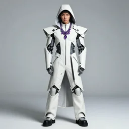 male ulzzang with white sci - fi leather garment and hood, black cybernetic enhancements, purple crystal jewelry, full shot, fashion photography, by irving penn and storm thorgerson, ren heng