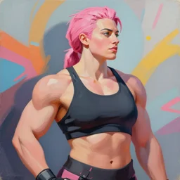 greg manchess portrait painting of confident keira knightley with pink hair as beautiful thick female bodybuilder zarya from overwatch, medium shot, asymmetrical, profile picture, organic painting, sunny day, matte painting, bold shapes, hard edges, street art, trending on artstation, by huang guangjian and gil elvgren and sachin teng