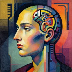 portrait of mind vs machine, colorful, modern art deco, mads berg, karolis strautniekas, stippled light, fine texture, editorial illustration, dramatic lighting, dynamic composition, detailed, matte print