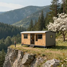 cabela's outdoors popup micro - compact modular home, quick assembly, utilitarian, glamping, airbnb, person in foreground, cliffside mountainous forested wilderness open fields, beautiful views, photorealistic painterly advertising concept art, sharp focus, joanna gaines, farmhouse, magnolia, architectural concept art painting