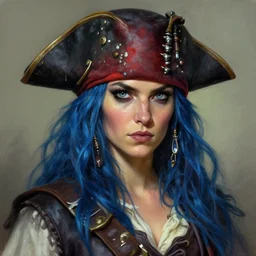 a detailed portrait of a pirate woman with blue hair, by victo ngai and greg rutkowski, digital art, realistic painting, very detailed, fantasy, dnd, trending on artstation