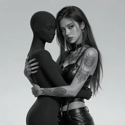 Hot young woman, grey skin, tattoos, wearing leather and hugging a shrouded humanoid digital art