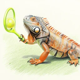 colored pencil drawing, iguana playing tennis