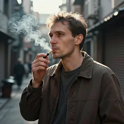 man smoking in tokyo alley backlit in the style of soviet realism