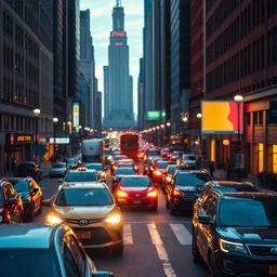 beautiful national geographic photo traffic jam on the streets of neo new york in evening by greg rutkowski, 4 k, extreme details