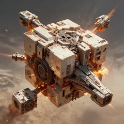 exploding cubic spaceships from the movie dune, 2 0 2 1 cinematic 4 k framegrab, intricate abstract spaceship floating, spaceship with straight edges, cubes polygons and greeble, lots of explosions all over the spaceships