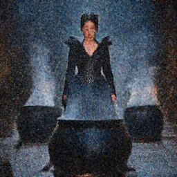 Amber Heard is an evil sorceress standing in back of a smoking black cauldron.