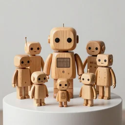 8 k photorealistic, a wooden art toys on a pedestal a cute robot wooden art by afshar petros