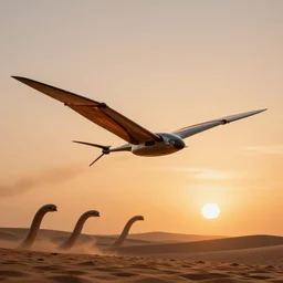 an ornithopter on dune, sand worms in the background, light orange sunset, volumetric light, hdr, 8 k, bokeh designed by moebius kow yokoyama
