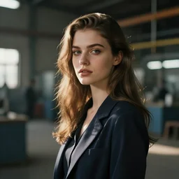 beautiful girl standing in a factory, depth of field, in the style artgerm