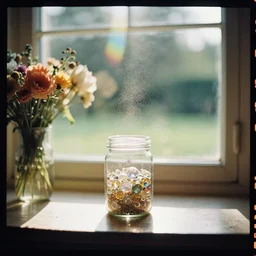 kodak portra 4 0 0, wetplate, muted colours, golden summer, still life portrait by britt marling of a single jar filled with sparkling jewels, floating dust, near a sunlit window in a room, warm bright sunlight, flower vase, colourful godrays shinging through the window, haze, a english park outside, no people