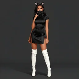 picture of girl, light brown skin, skintight black qipao, long white tight boots, mouth covering scarf, cat ears headband, highly detailed, smooth, sharp focus, digital illustration, by rossdraws