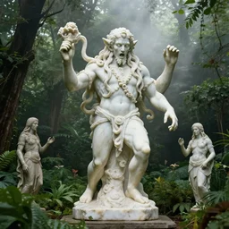 a classical marble statue of cthulhu in a lush verdant garden by gil elvgren and anton fadeev and albrecht anker, horror, lovecraftian, mist, hyperrealism, volumetric lighting, god rays, ultrafine details, sfumato