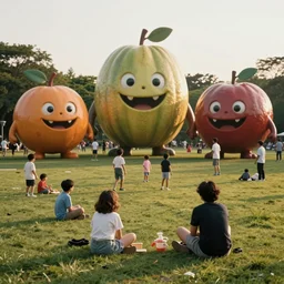 1990s candid photo of a beautiful day at the park, families playing, cinematic lighting, cinematic look, golden hour, large personified fruit creatures in the background, Enormous fruit people, scary fruit, UHD